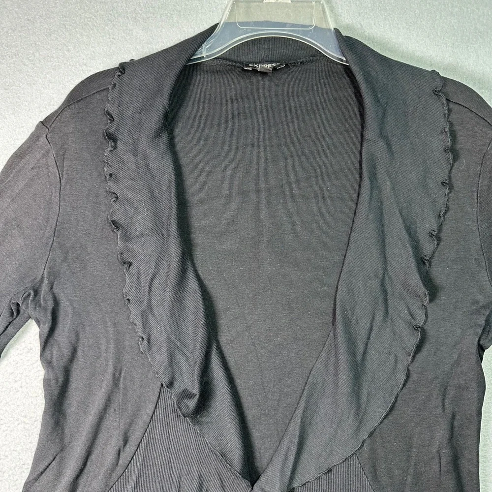 Express Black Ribbed‎ Lettuce Edge Open Front Cardigan Shawl Collar L Whimsigoth